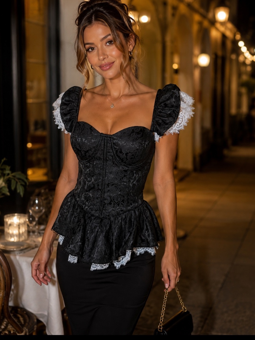 Trish Scully Black Brocade LaceRuffle Vampy Whimsigoth Victorian CorsetTop NWT S